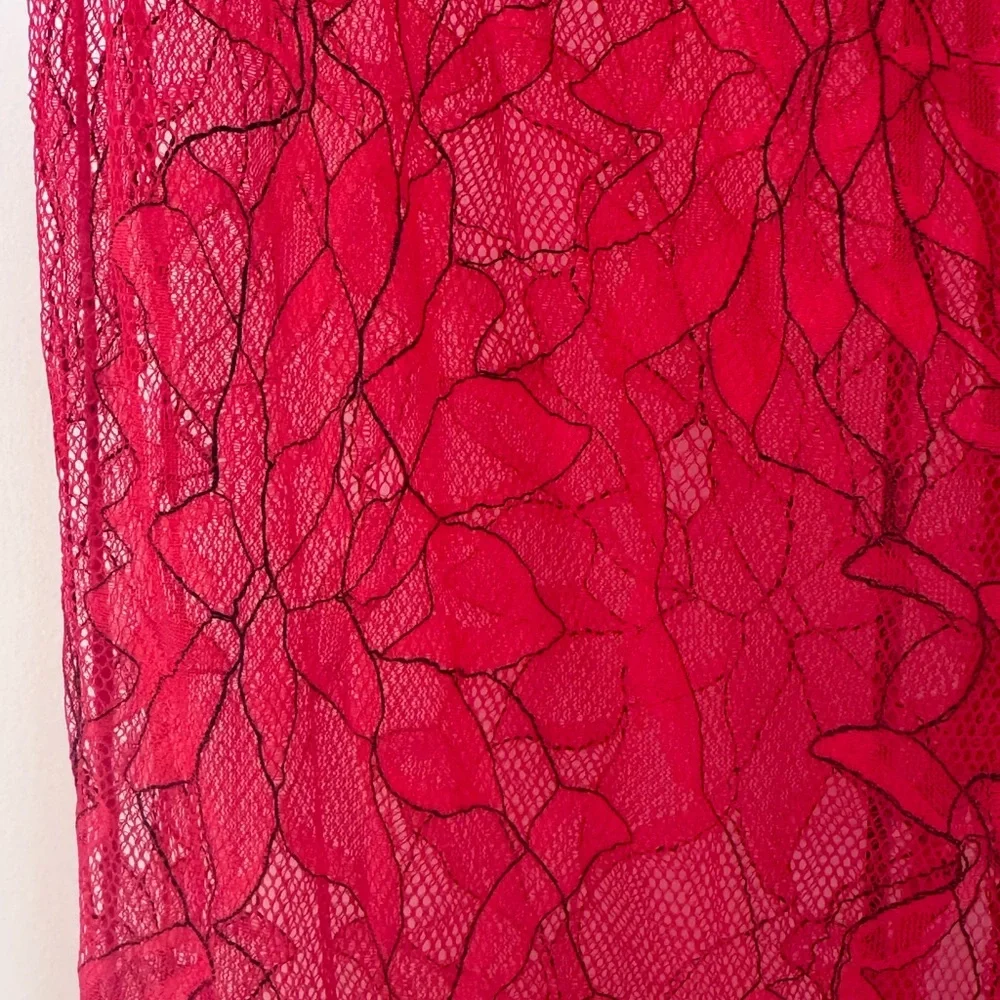 Dreamgirl | Red Lace Rhinestone Fringe Two-Piece Set | Halter Top | Midi Skirt